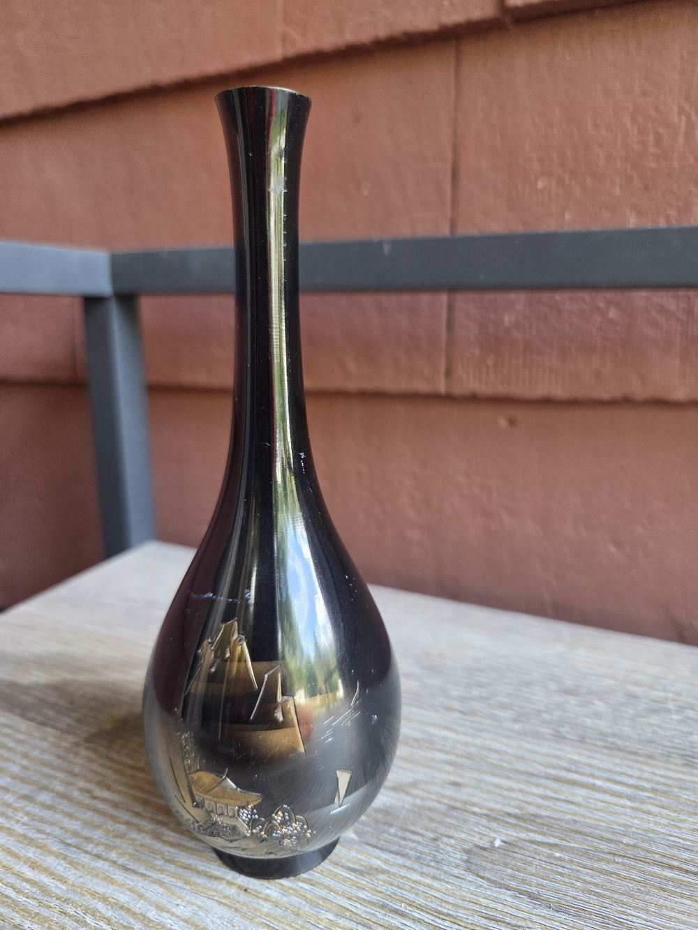Vintage Japanese Chokin style Bud Vase Black Enamel Brass 6.5" Vintage